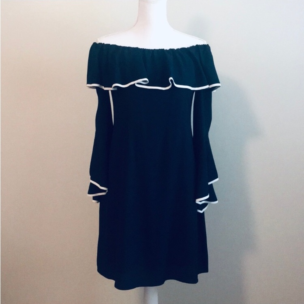 Off-Shoulder Dress / On-Shoulders Navy Blue, White Trim Romantic Classy Elegant - Picture 9 of 9